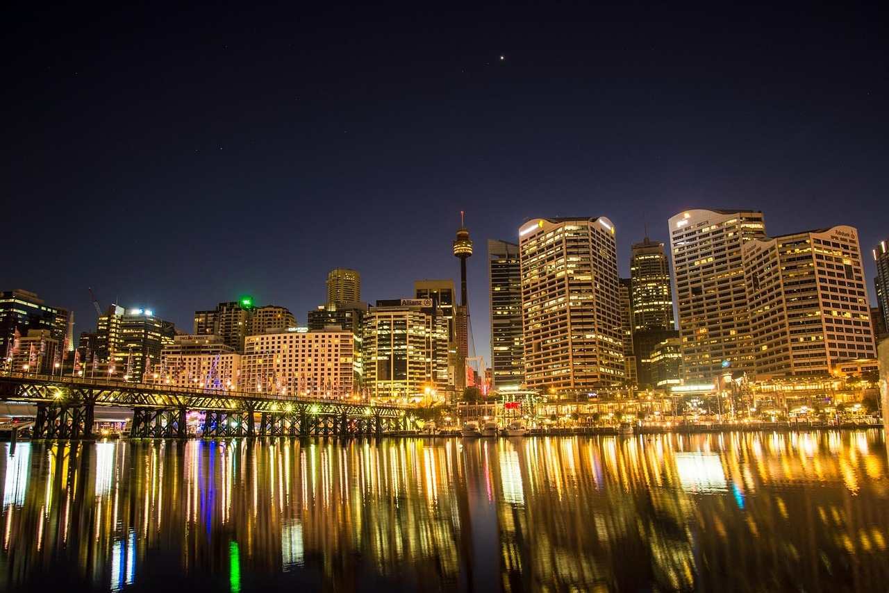 Cityscape, illuminated, darling harbour, sydney, australia, city, skyline, buildings, high-rise, high-rise buildings, skyscrapers, harbor, waterfront, city lights, architecture, night, night lights, r