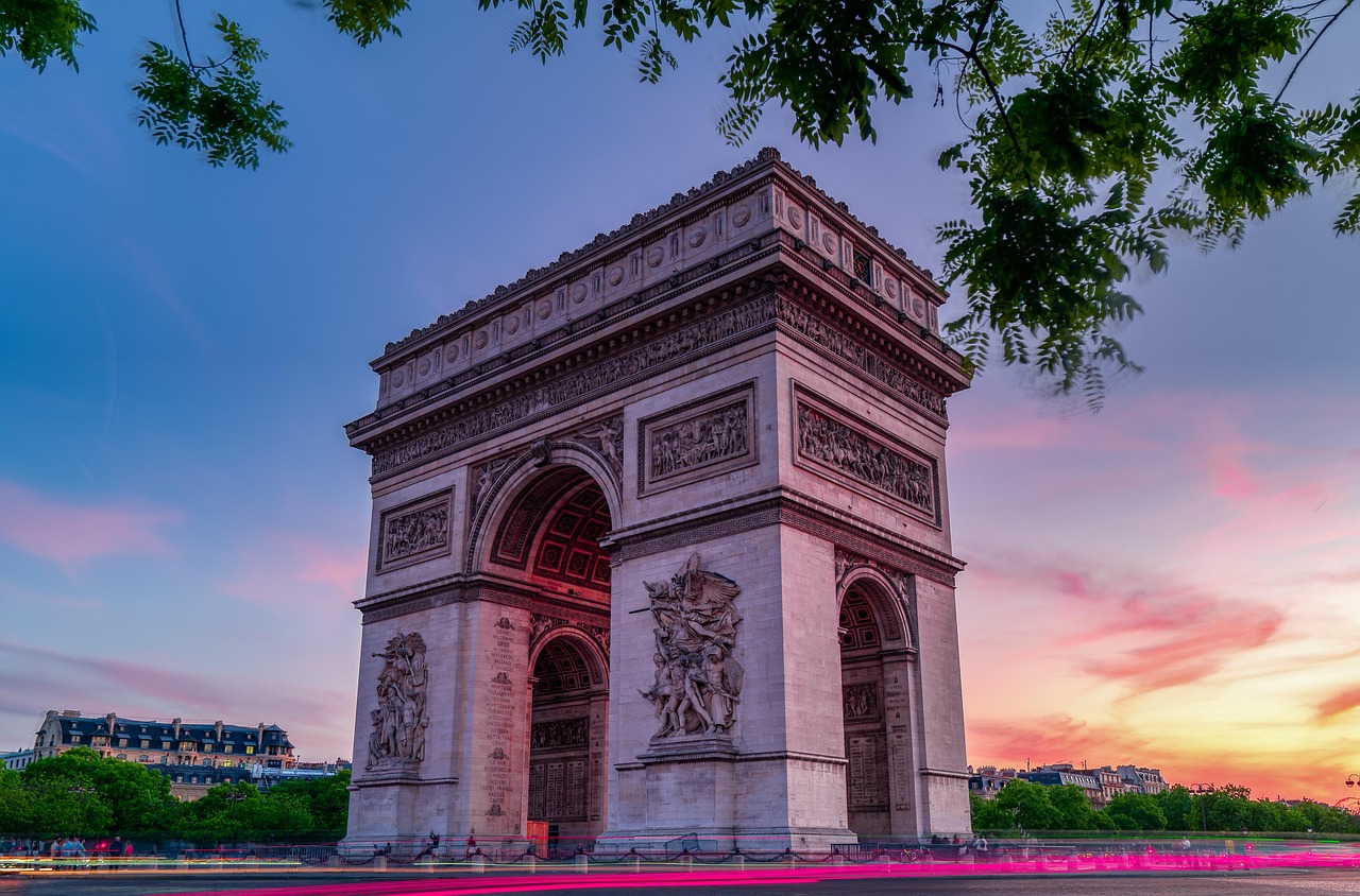 Arc de triomphe, monument, paris, landmark, architecture, triumphal arch, nature, city, urban, sunset, twilight, dusk, night