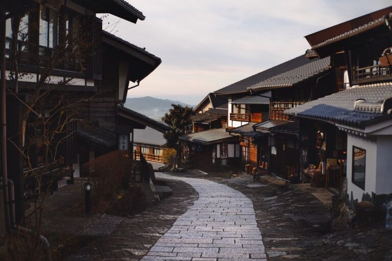 Explore the serene beauty of a traditional Japanese village street at dawn.