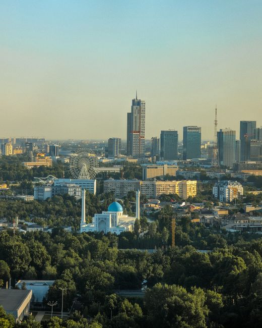 Stunning daytime aerial view of Tashkent skyline featuring modern buildings and historic architecture.