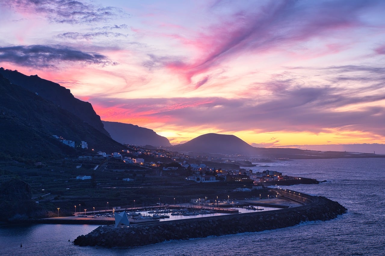 Tenerife, sunset, harbor, coast, mountains, canary islands, purple sky, twilight, ocean, landscape, travel, city lights, port, atlantic, evening, scenic, clouds, tourism, nature, spain, island, bay, h