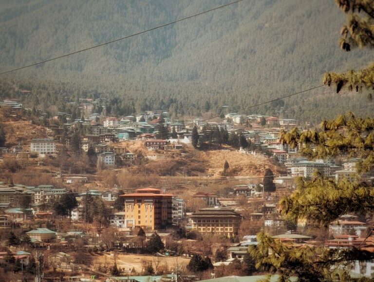 Aerial view of Thimphu, Bhutan's capital city, nestled in the picturesque hills.