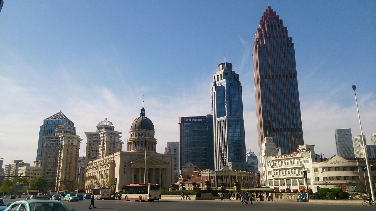 China, tianjin, tall building, tianjin concert hall, the white house, road, architecture, put up, city, travel, skyscraper, cityscape, nobody, outdoor, skyline, office building, sky, tower, business,
