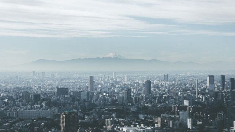 Panoramic view of Tokyo cityscape with Mount Fuji looming in the background, under cloudy skies.