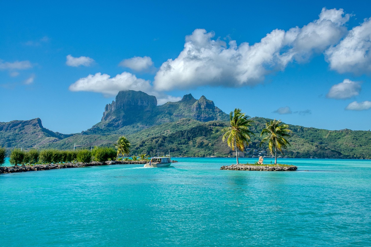 Island, tropical, blue waters, tropical island, mountains, bora bora, sea, ocean, polynesia, nature, landscape, water, idyllic