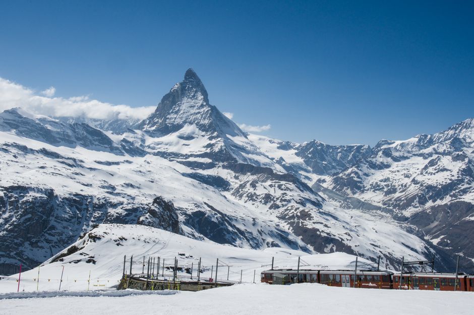 Winter landscape of the Matterhorn with snowy mountains in Zermatt, Switzerland.