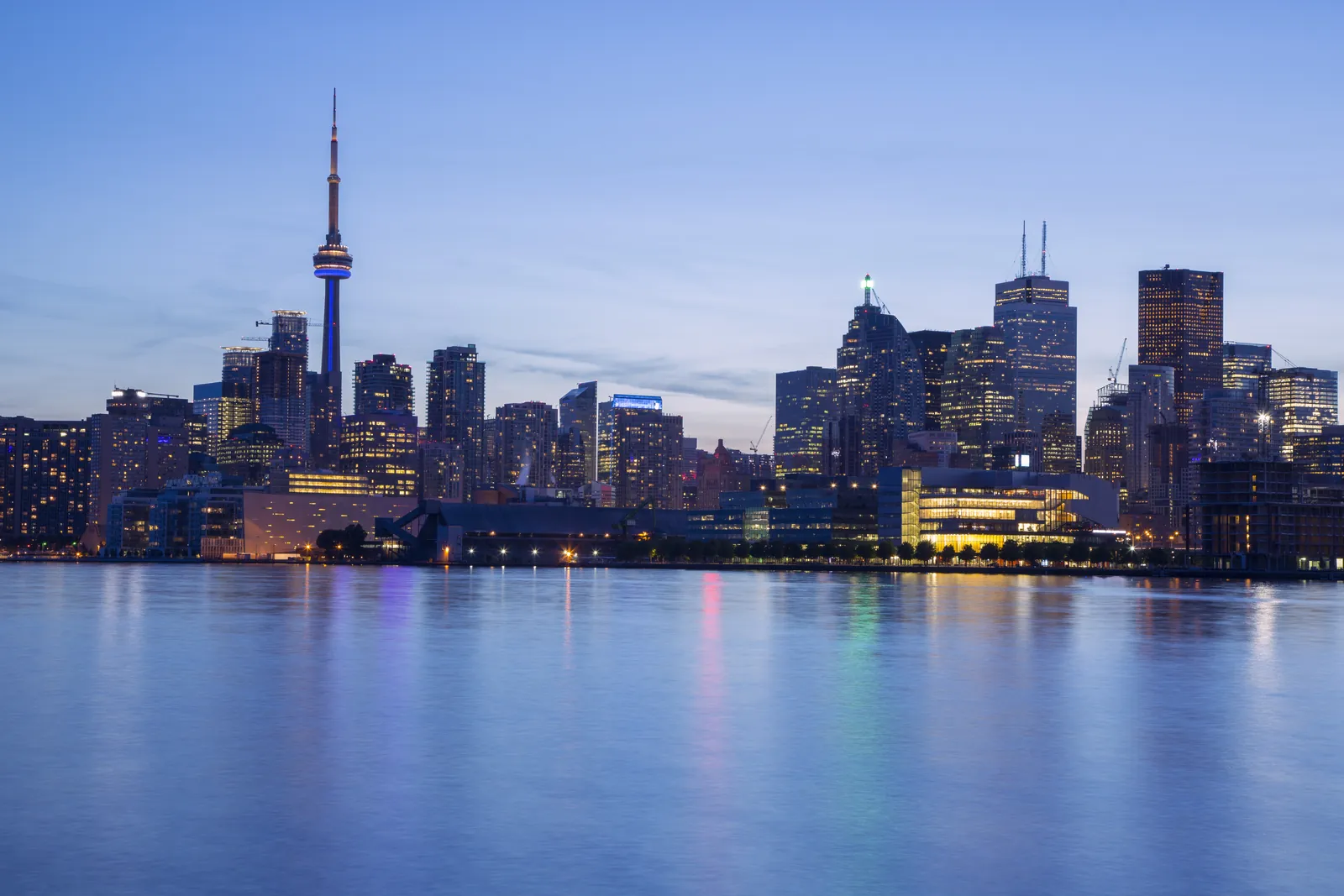 The Toronto skyline and CN Tower lit up at night, Ontario, Canada