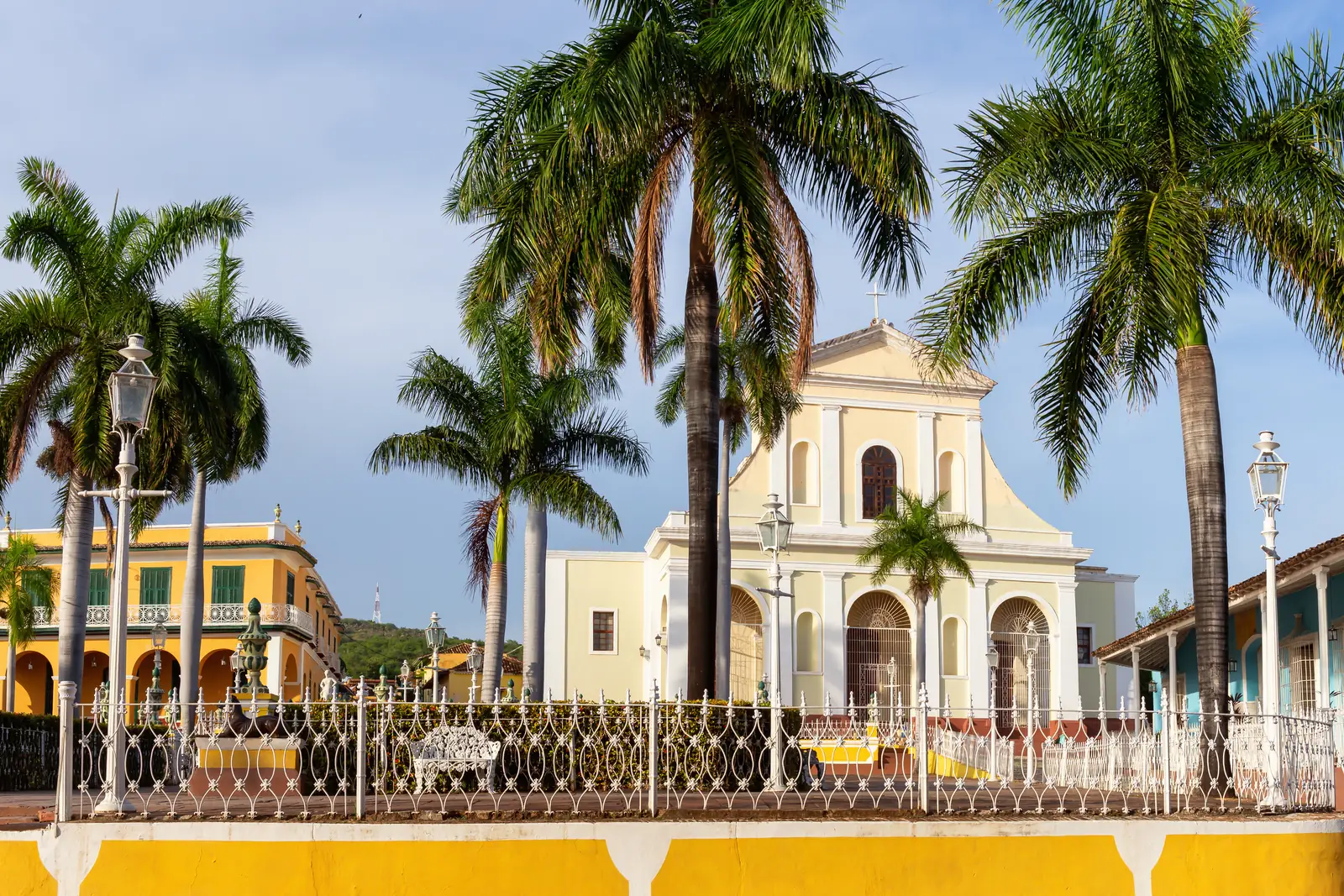 The church on Plaza Mayor in Trinidad at a colourful sunset, Cuba