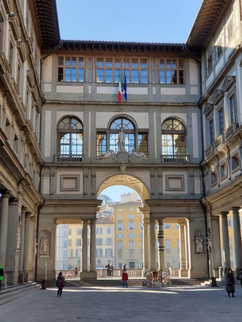 Elegant architecture of Uffizi Gallery in Florence, Italy, showcasing historical design.