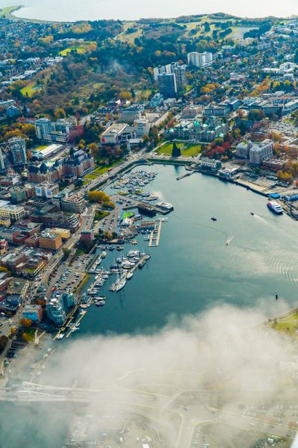 Vibrant aerial view of Victoria Harbor, BC showcasing urban architecture and scenic landscape.