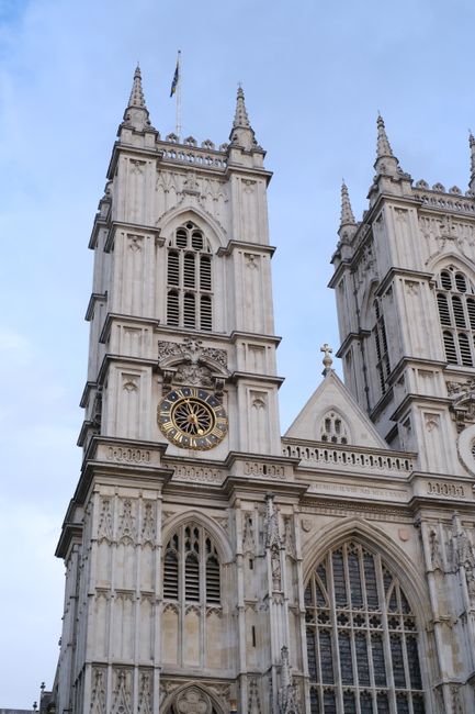 A detailed view of the iconic towers of Westminster Abbey in London, showcasing stunning Gothic architecture.