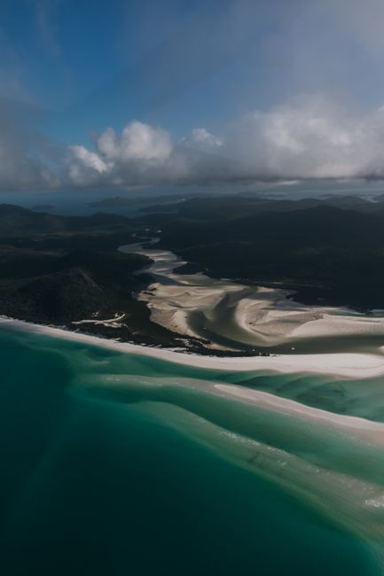 Stunning aerial view of Whitsundays with turquoise waters and white sand beaches, Australia.