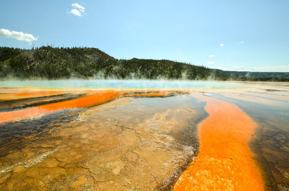 Stunning view of Grand Prismatic Spring's vibrant colors in Yellowstone National Park