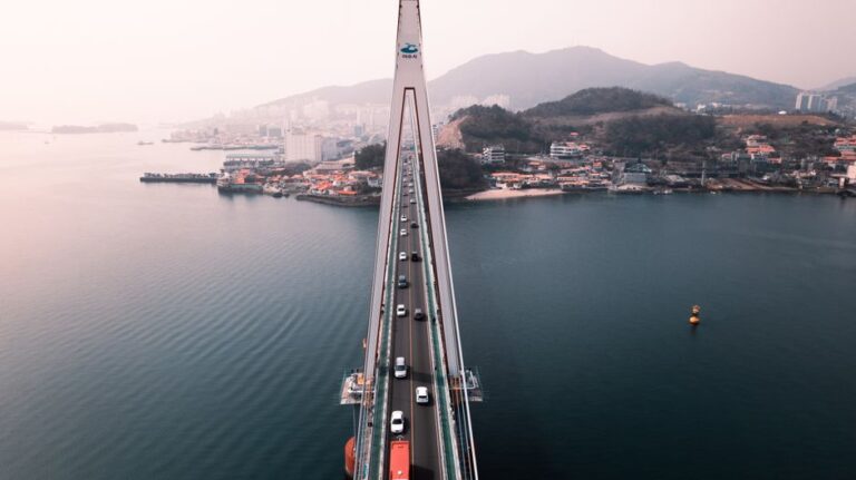 Stunning aerial view of a bridge connected to the city of Yeosu, South Korea over tranquil waters.