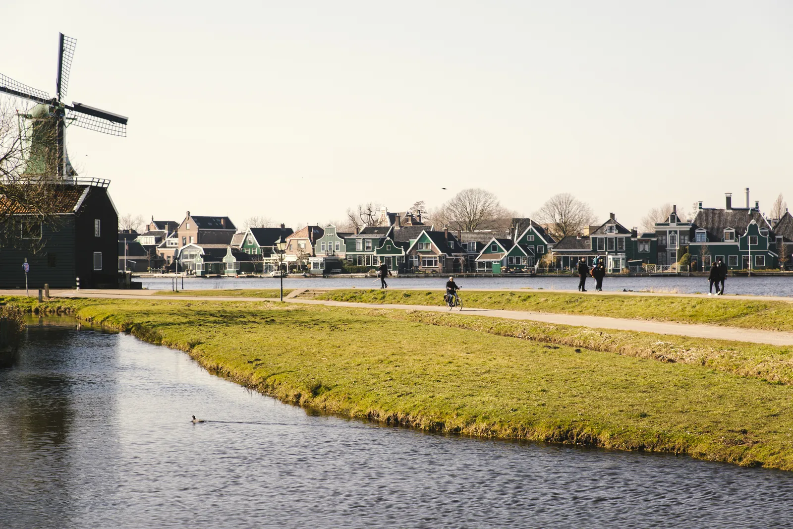 Cyclists riding past a historic windmill at Zaanse Schans