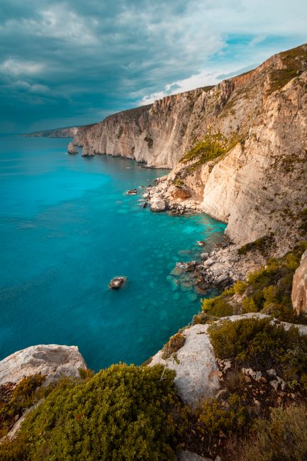 Stunning view of the coastal cliffs and azure sea on Zakynthos island, Greece.
