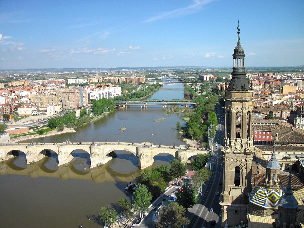 Zaragosa, city, cities, buildings, church, architecture, river, water, shoreline, sky, clouds, nature, summer, spring, bridge, outside, urban, beautiful