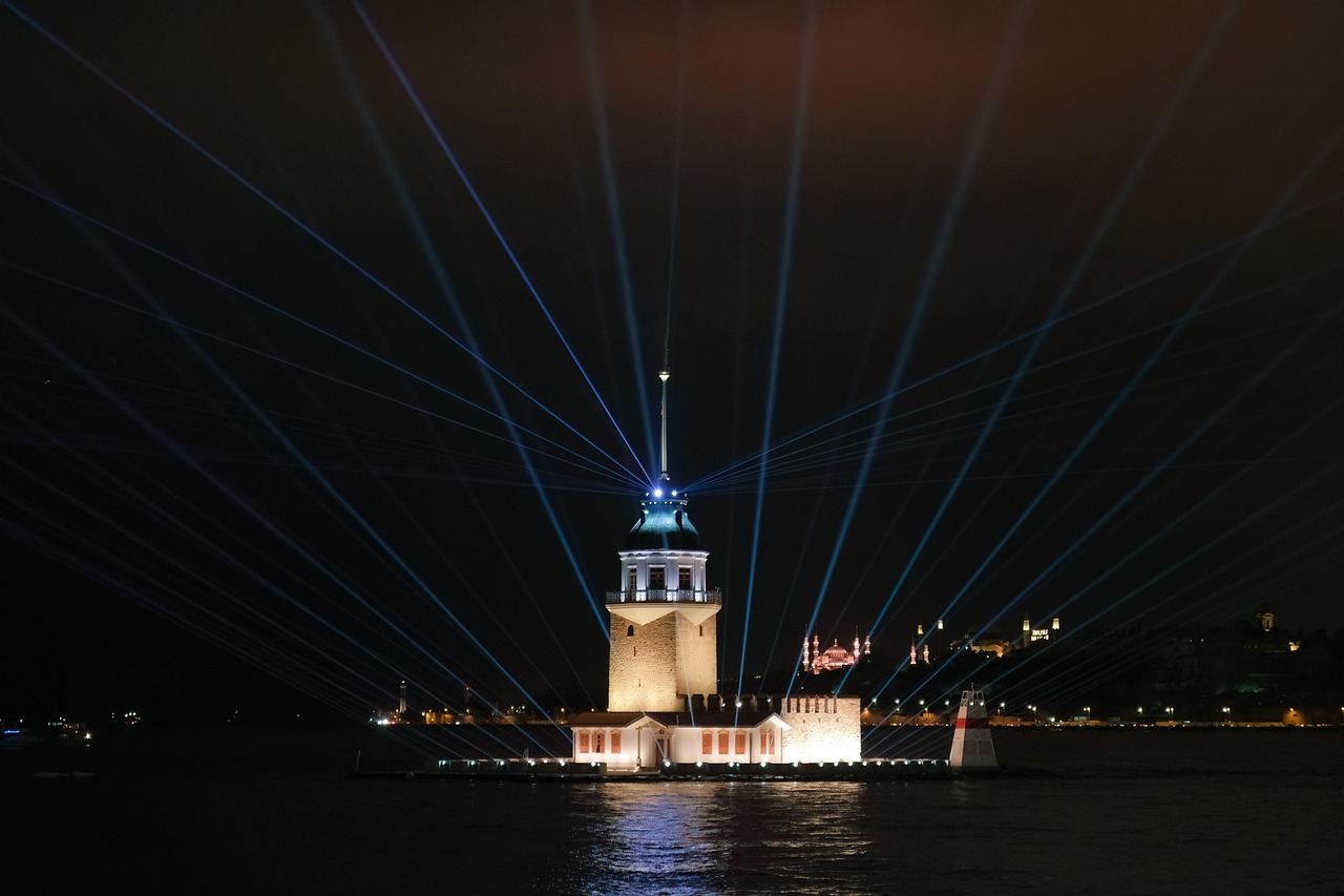 Maiden's tower, night landscape, istanbul, nature, night, sea, ocean